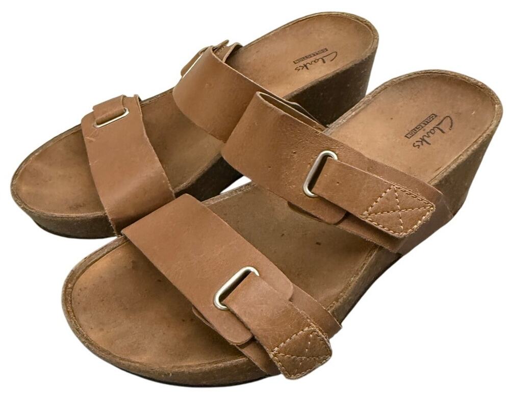 👡Clarks Brown Leather size 9 Wedge Sandals Double Strap Comfort Casual Platform